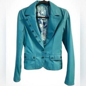 Marciano Turquoise Leather Blazer Front Pockets Button Up Floral Lining Size M